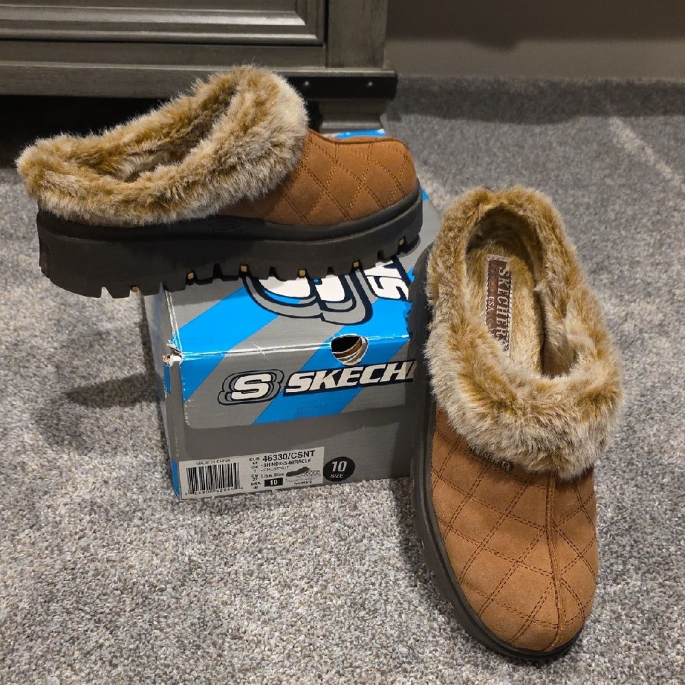 Skechers Shindigs Miracle Faux Fur Quilted Slip-On Shoes Women's 10 Chestnut